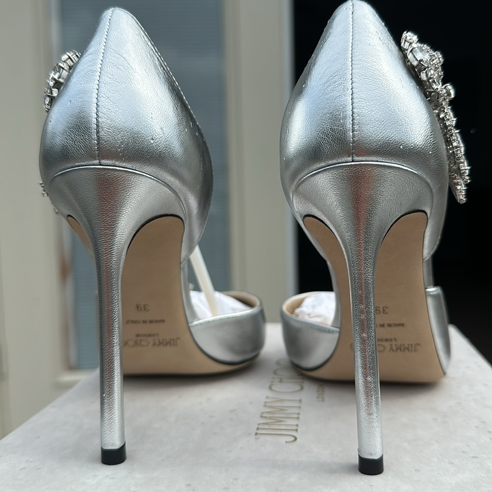 Jimmy Choo Silver Leather Teja Embellished Heels - Picture 7 of 12